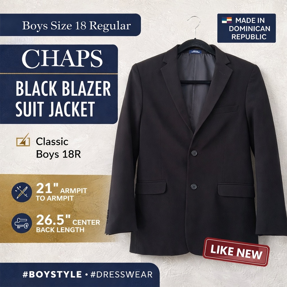 Chaps Boys 18R Black Blazer Suit Jacket Classic 2 Button Dress Wedding Coat